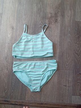 wonder nation Mint and Pink Striped Girls' Two-Piece Swim Set